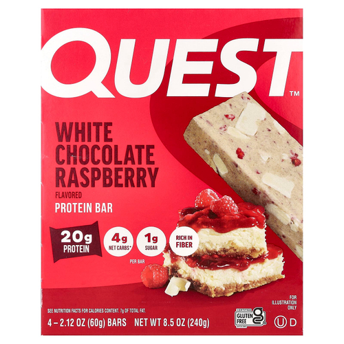 Quest Nutrition, протеиновый батончик, белый шоколад и малина, 4 шт. по 60 г (2,12 унции)