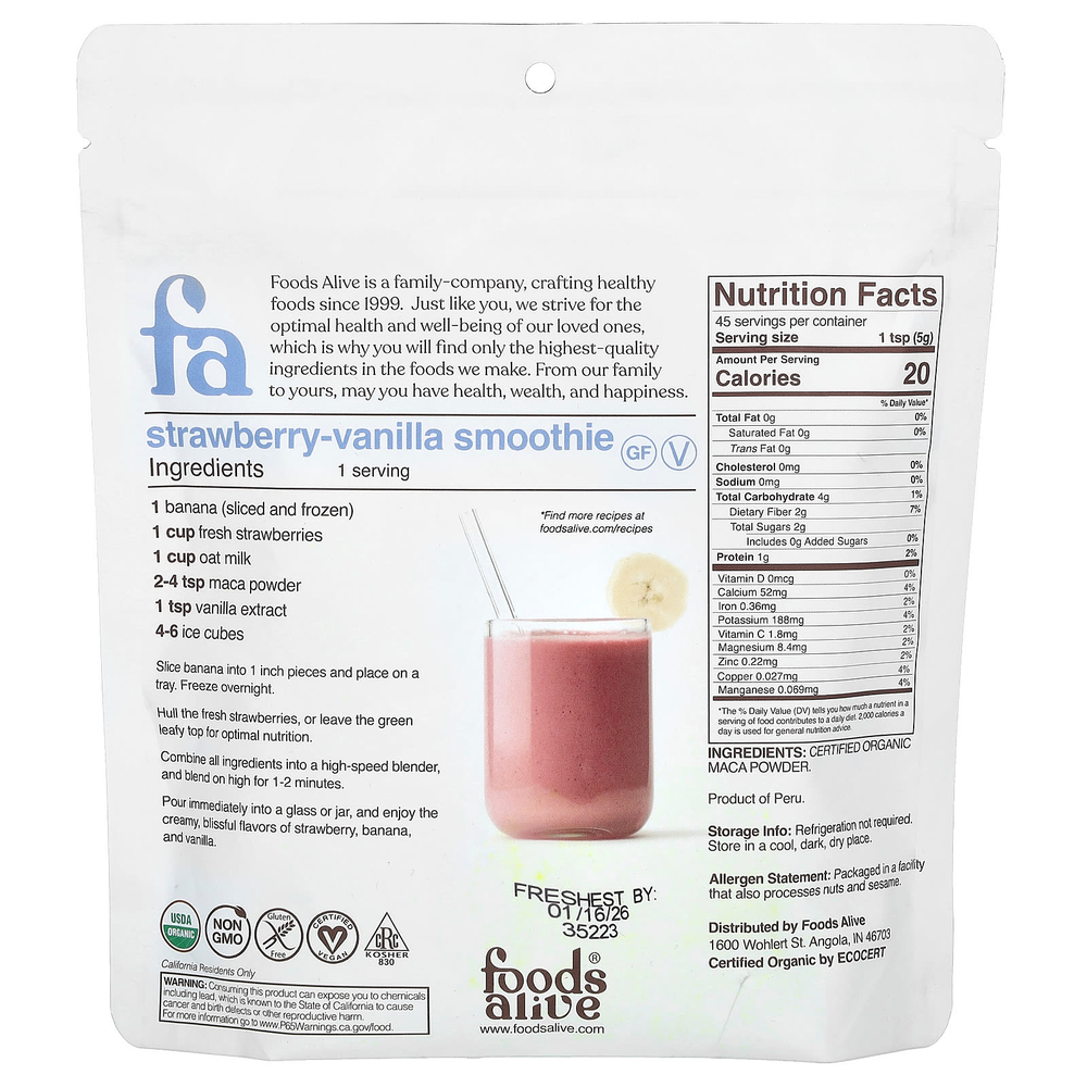 Foods Alive, Органический порошок из корня маки, 227 г (8 унций)