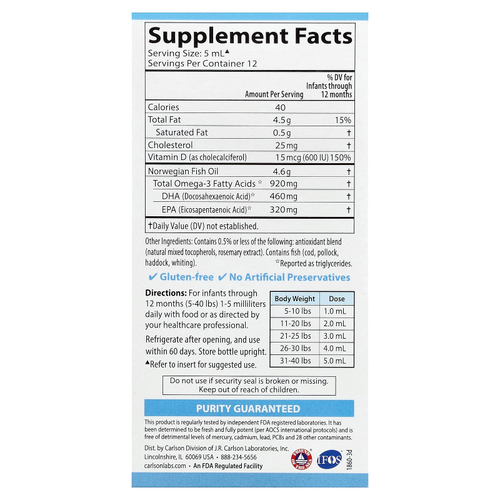 Carlson, Baby's DHA, 1,100 mg Omega-3s with Vitamin D3, 2 fl oz (60 ml)