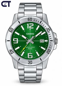 CASIO MTP-VD01D-3B CASIO Collection мужские наручные часы — зелёный циферблат, крупный корпус и стальной браслет