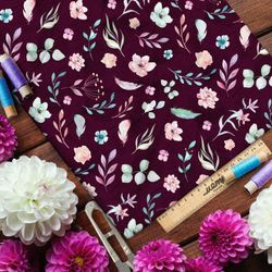 Ткань шифон сдержанные цветы и листья на бордовом фоне