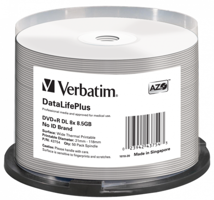 Оптический диск Verbatim DVD+R DL 8x 8,5GB DataLife Plus AZO Wide Thermal Printable no ID, Cake Box
