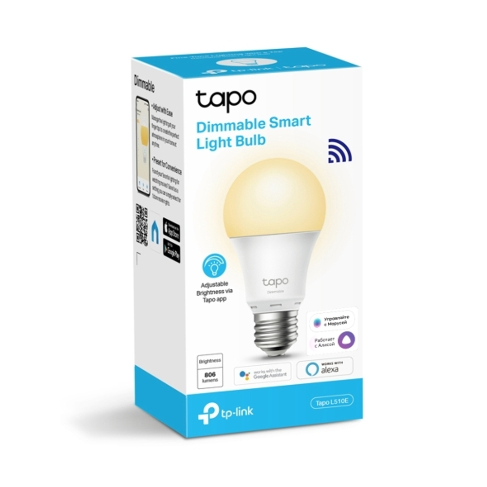 TP-Link Tapo L510E Умная лампа, E27, 806лм, 8,7Вт, 2700К, Wi-Fi 2,4 ГГц
