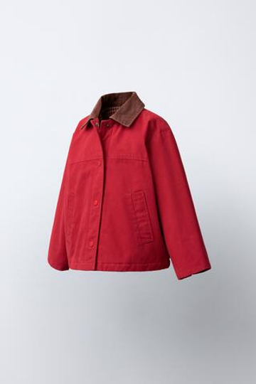 ZARA КУРТКА CANVAS С КОНТРАСТНЫМ ВОРОТНИКОМ, КРАСНЫЙ