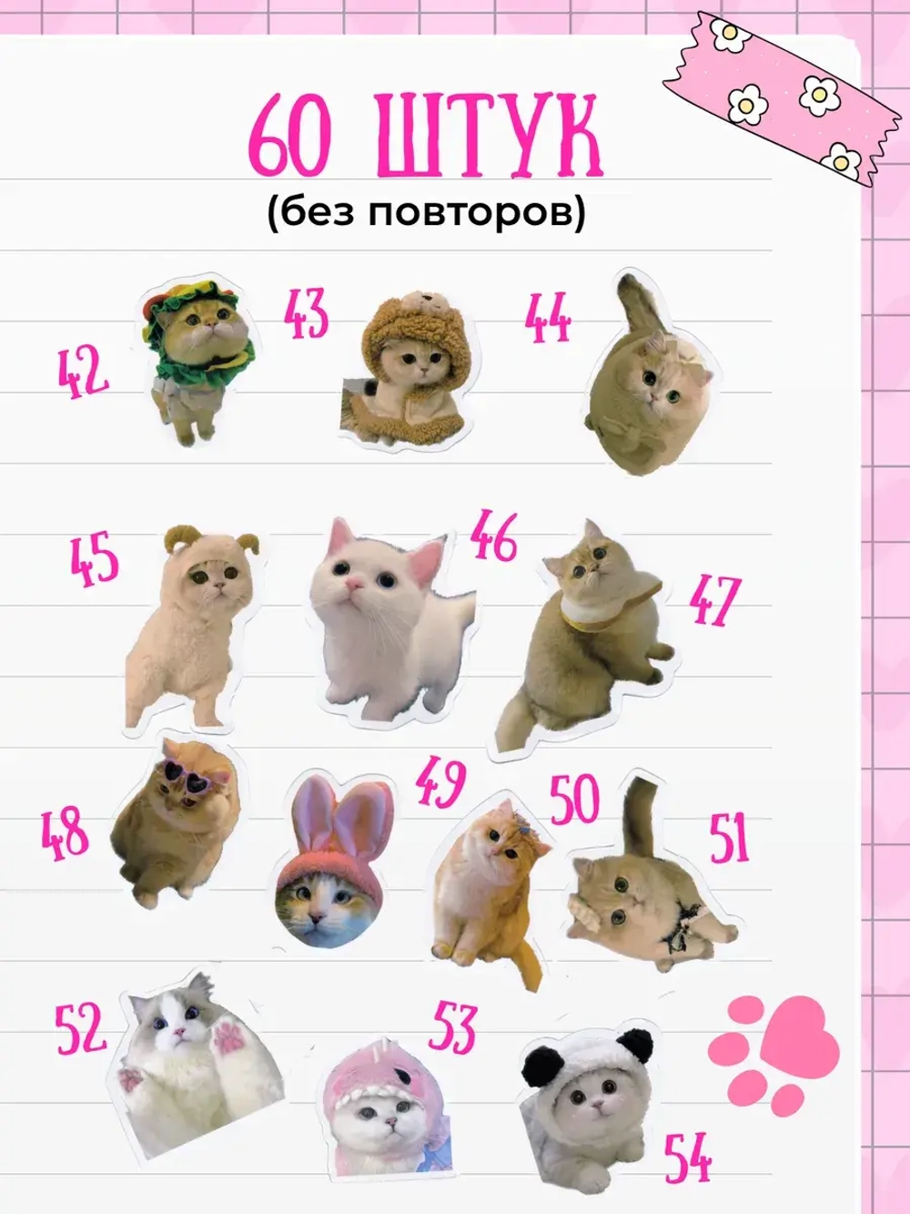 Наклейки милые мемные котики 60 шт