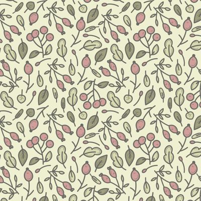 Doodle autumn pattern. Нежные листья и ягоды. Пастельные тона.