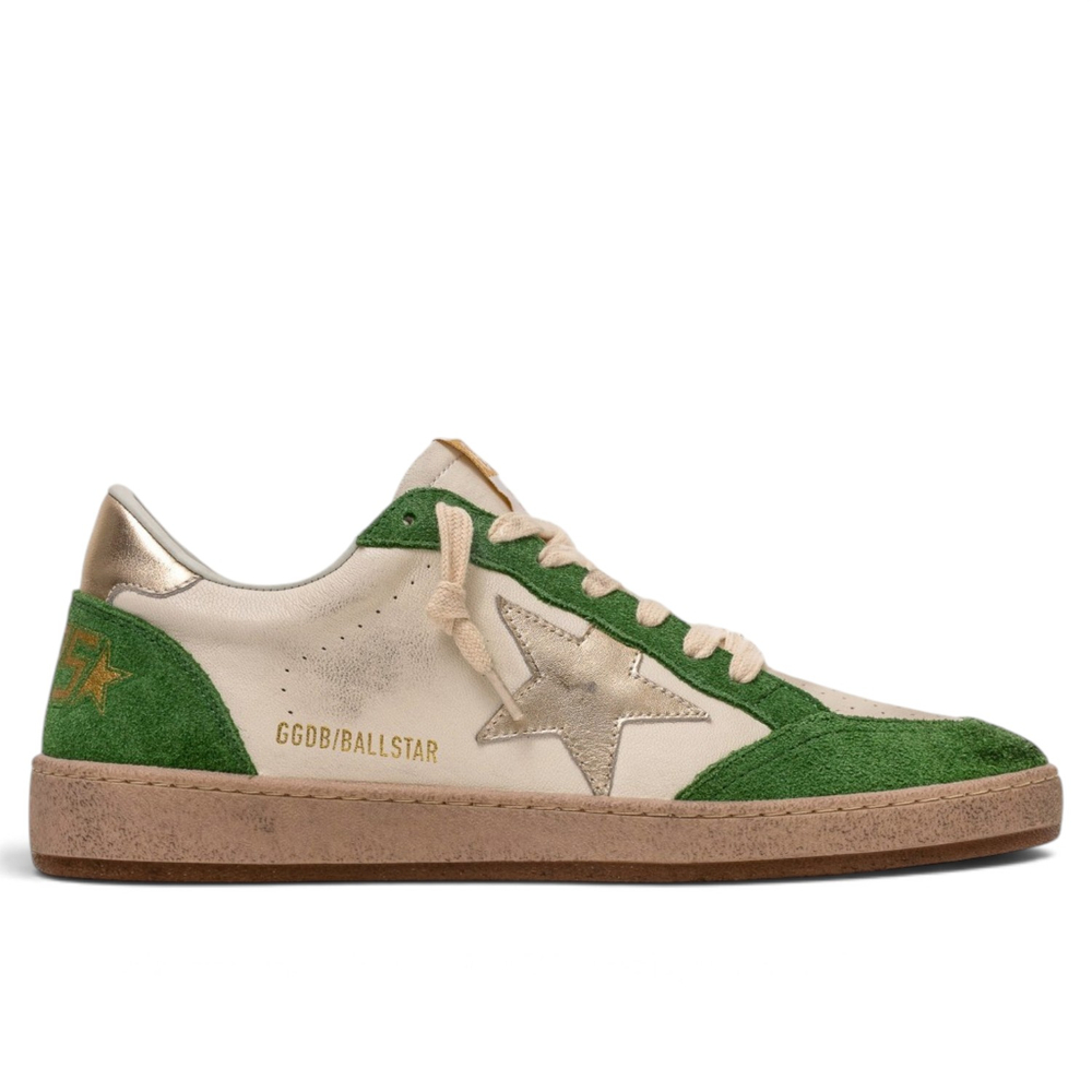 Women's Ball Star in white leather and green suede with gold leather star and heel tab