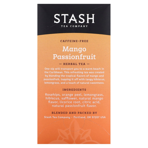 Stash Tea, Herbal Tea, манго и маракуйя, без кофеина, 20 чайных пакетиков, 38 г (1,3 унции)