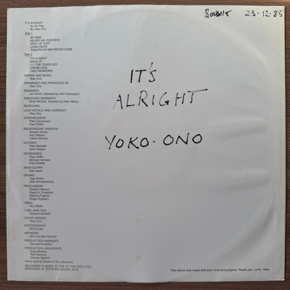 Yoko Ono ‎– It's Alright (Англия 1982г.)