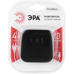 Разветвитель электрический ЭРА SP-4-3USBAC-B на 4 розетки + 3 USB A+C со шторками 10А черный | Электротовары