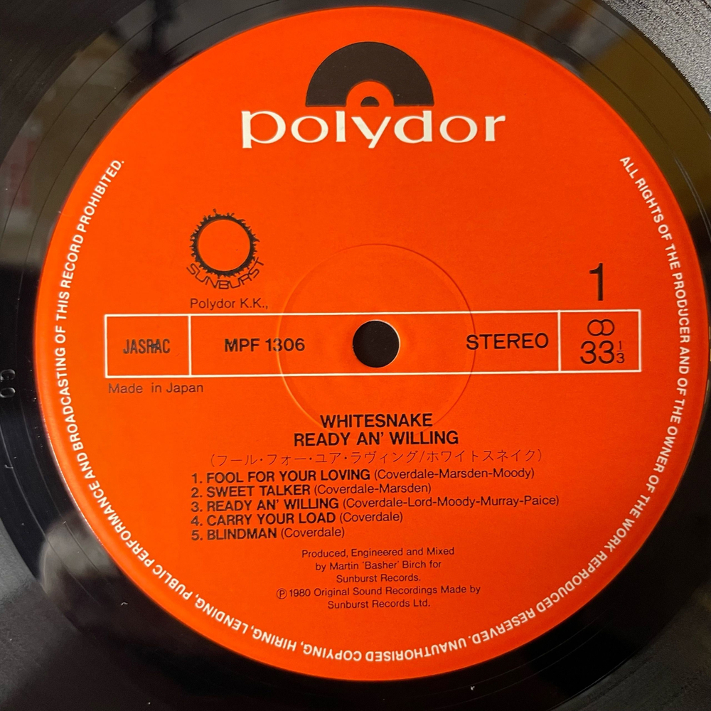 Винтажная виниловая пластинка LP Whitesnake Ready An Willing (Japan 1980) (No Obi) Sweet Talker