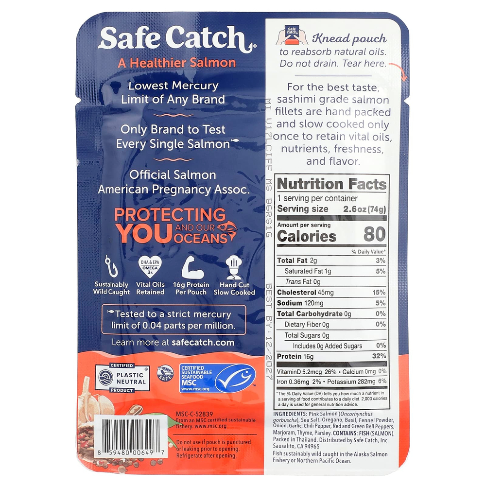 Safe Catch, дикая тихоокеанская горбуша, без кожи и костей, с итальянскими травами, 74 г