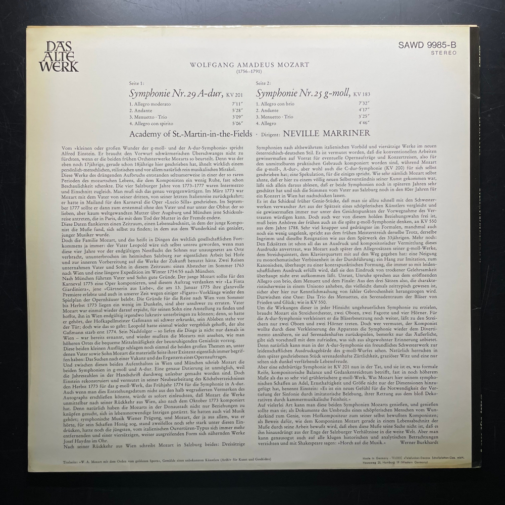 Моцарт - Симфонии № 25, 29 (Германия 1972г.)