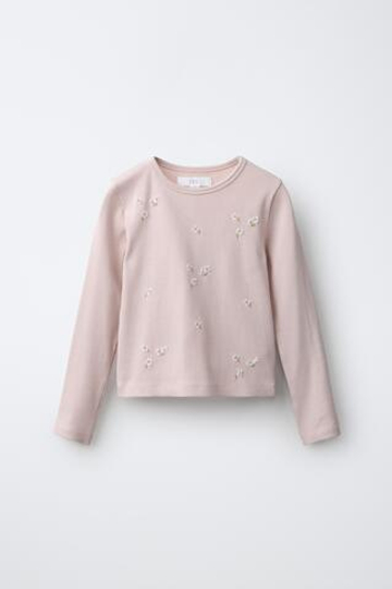 ZARA ФУТБОЛКА В РУБЧИК С ВЫШИВКОЙ И ЖЕМЧУЖИНАМИ, РОЗОВЫЙ