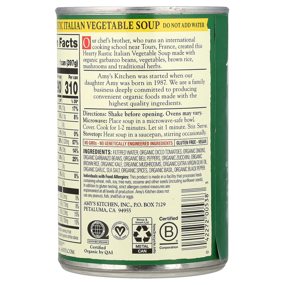Amy's, Hearty Organic Soups, итальянские деревенские овощи, 397 г (14 унций)