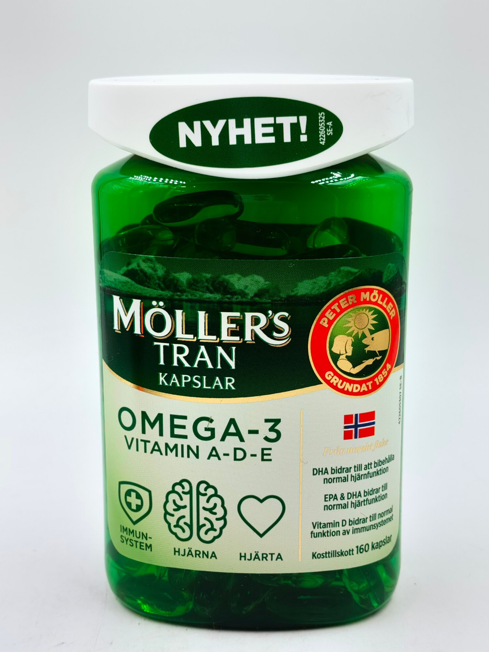 Moller Tran Omega-3 DHA и EPA, витамины D +A+E. 160 капсул (Норвегия)