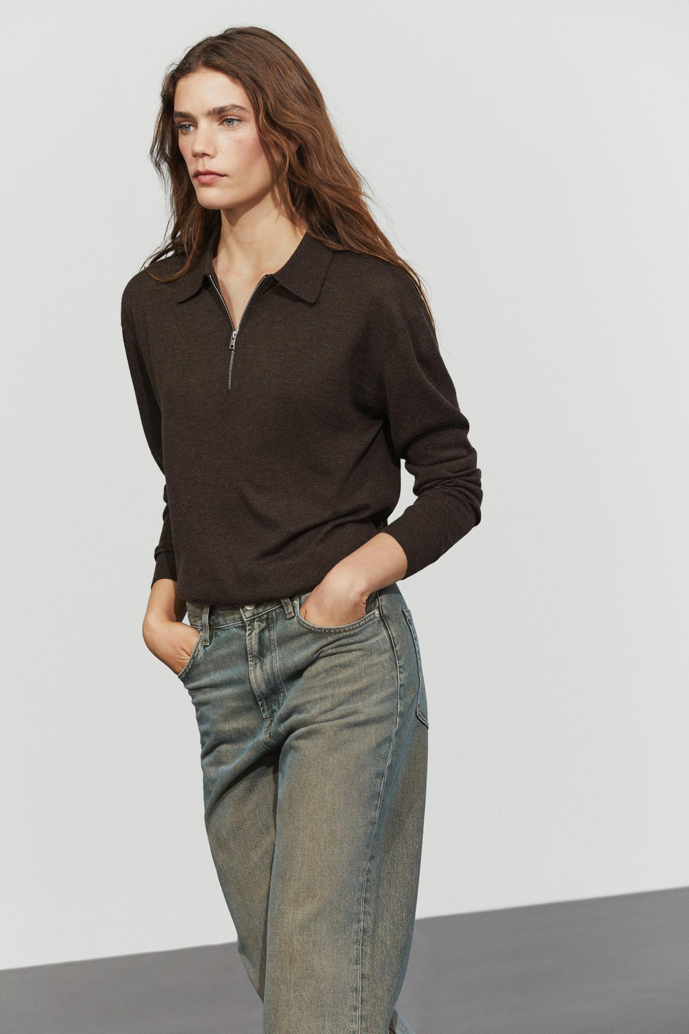 Massimo Dutti Вязаный свитер из шерстяной смеси с застежкой-молнией на четверть длины, шоколадно-коричневый
