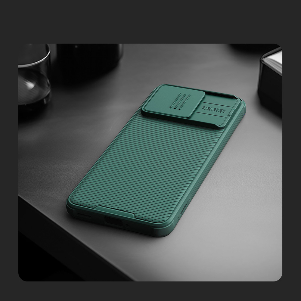 Чехол зеленого цвета (Deep Green) от Nillkin с защитной шторкой и с встроенным круглым магнитом для Xiaomi Poco F6 Pro, серия CamShield Pro Magnetic
