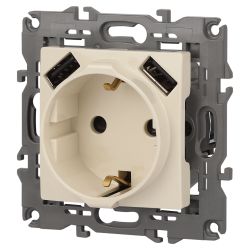 Розетка ЭРА Elegance 14-4109-02 2P+E 16A-250В штор. с 2xUSB 5В-3А слоновая кость | Эра Elegance