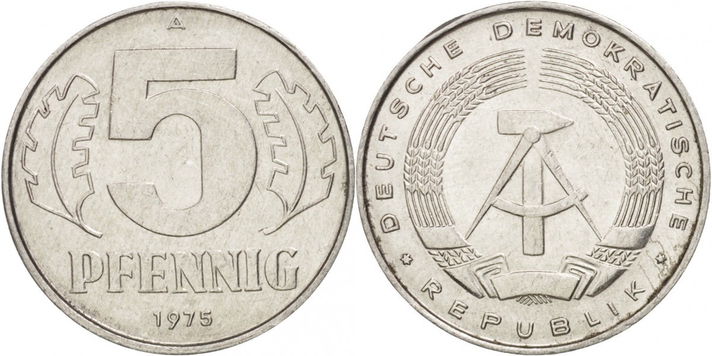 Германия - ГДР 5 пфеннигов, 1975 Герб XF
