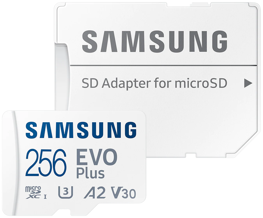 Карта памяти Samsung EVO Plus microSDXC 256 ГБ Class 10, V30, A2, UHS-I U3, R 130 МБ/с, адаптер на SD