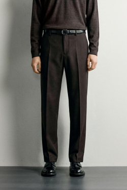ZARA КОСТЮМНЫЕ БРЮКИ ИЗ СМЕСОВОЙ ШЕРСТИ, КОРИЧНЕВЫЙ