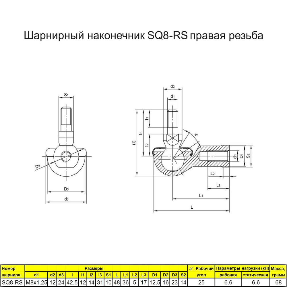 Шарнирный наконечник угловой М8 / SQ8L-RS правая резьба / для ЧПУ и спецтехники