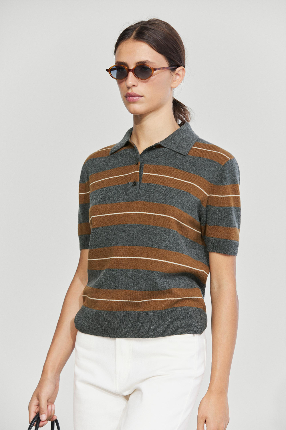 Massimo Dutti Трикотажное поло в полоску из 100% шерсти, серый