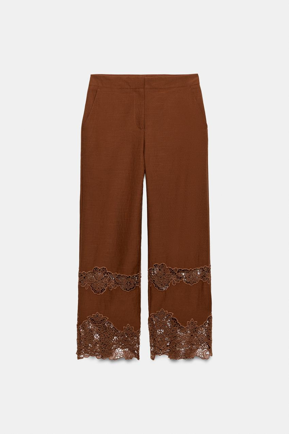 ZARA БРЮКИ С АЖУРНОЙ ВЫШИВКОЙ, КАРАМЕЛЬНЫЙ