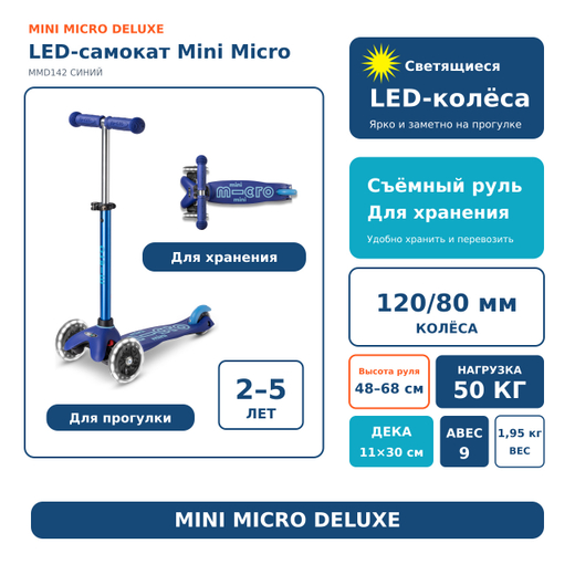 Самокат Mini Micro Deluxe LED Синий