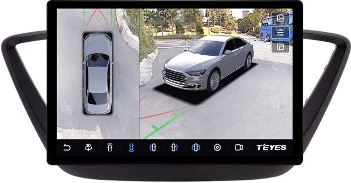 Магнитола для Hyundai Solaris 2 2017-2022 / Solaris HS (без штатной КЗВ, рамка черная матовая) - Teyes CC3-2K-360 монитор 13" 2K QLED на Android 10, Быстрая, CarPlay, 4G SIM-слот, 4 камеры в комплекте