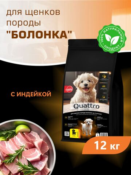Корм сухой для щенков породы Болонка, с индейкой, 12 кг, QUATTRO