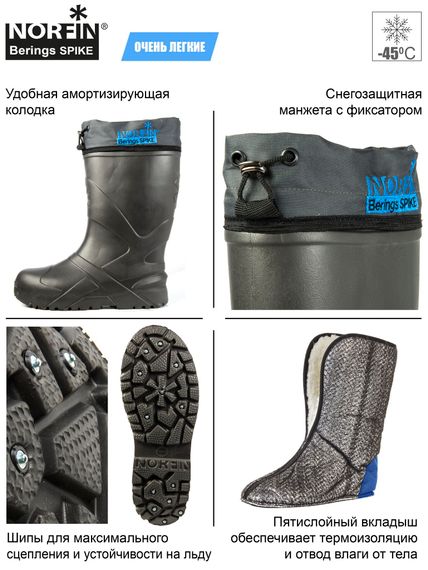 Сапоги зимние Norfin BERINGS SPIKE с манж. и шипами антрац. -45С EVA р.44-45