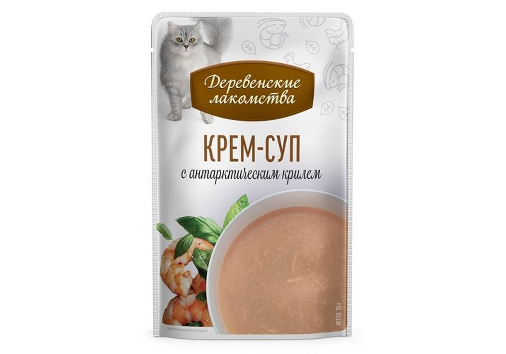 ДЕРЕВЕНСКИЕ ЛАКОМСТВА Влажное лакомство для кошек, крем-суп с антарктическим крилем 0,035 кг
