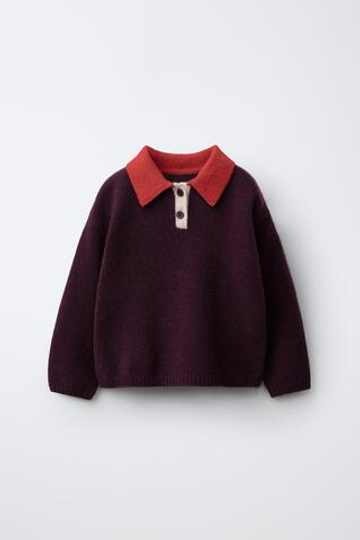 ZARA ТРИКОТАЖНОЕ ПОЛО COLORBLOCK ИЗ 100% ШЕРСТИ, БАКЛАЖАННЫЙ