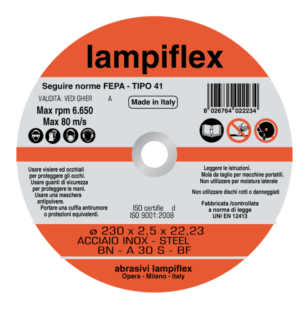 Отрезной диск по нержавеющей стали 230х2,5х22,2 Lampiflex BF/BNA30S230x2,5