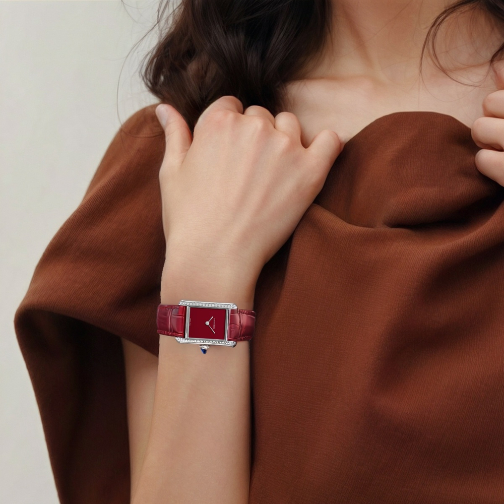 CARTIER Quartz Movement Women"s Watch Watch 22mm Red Watch Dial Stainless Steel Case Crocodile Leather Strap