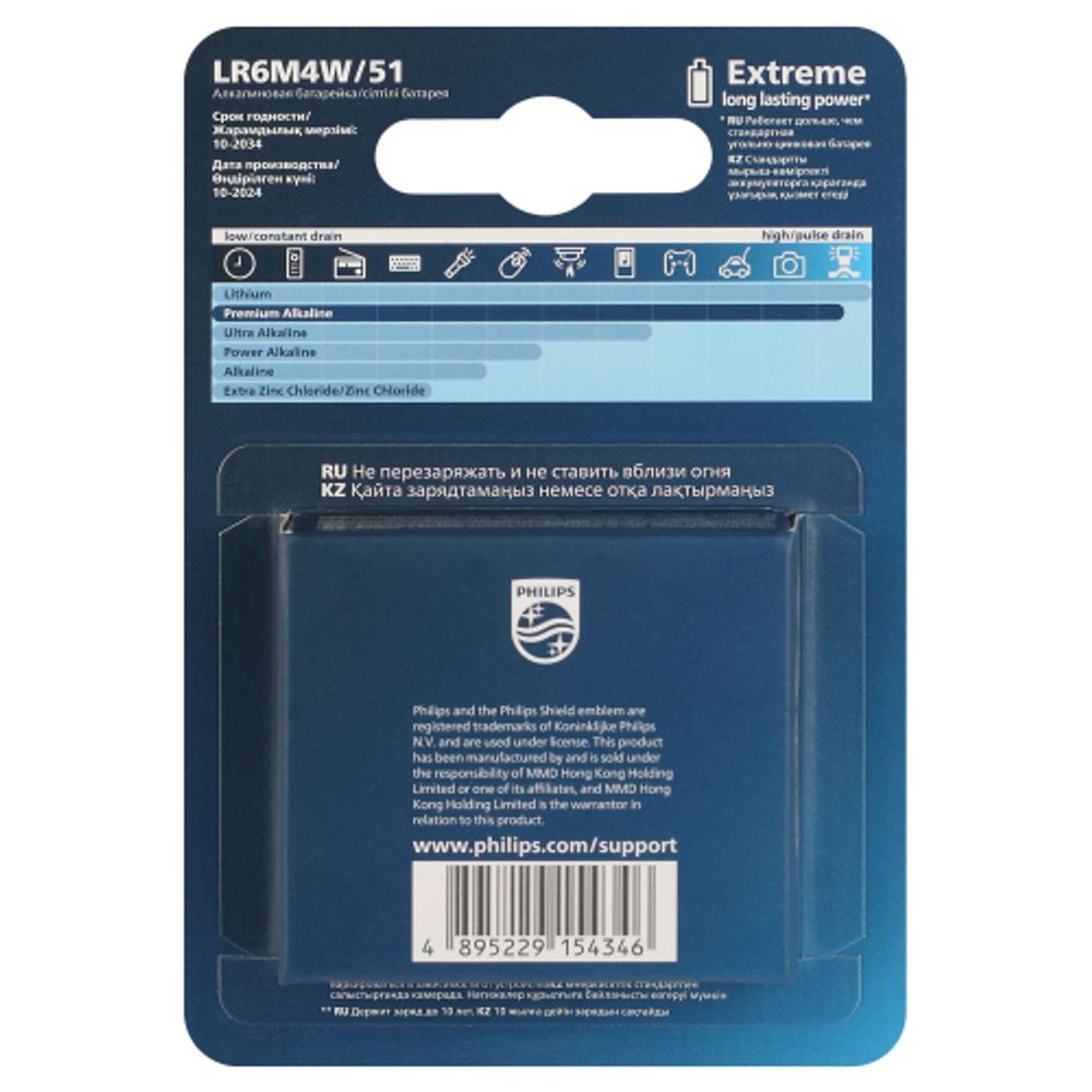 Батарейки Philips LR6M4W/51 АА алкалиновые 1,5v 4 шт. LR6-4BL Premium (4/48/144/17280) | Батарейки Щелочные (Алкалиновые)