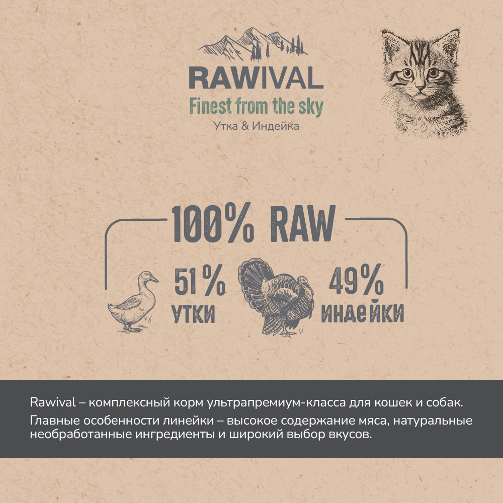 Сухой корм RAWIVAL для котят с уткой и индейкой - 0,4 кг