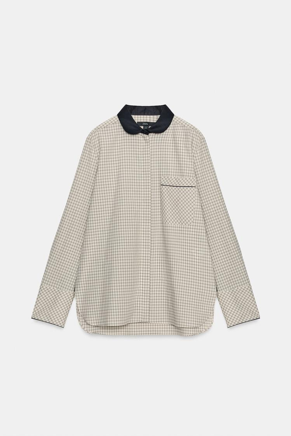 ZARA РУБАШКА В КЛЕТКУ С КОНТРАСТНЫМ ВОРОТНИКОМ ZW COLLECTION, ЭКРЮ