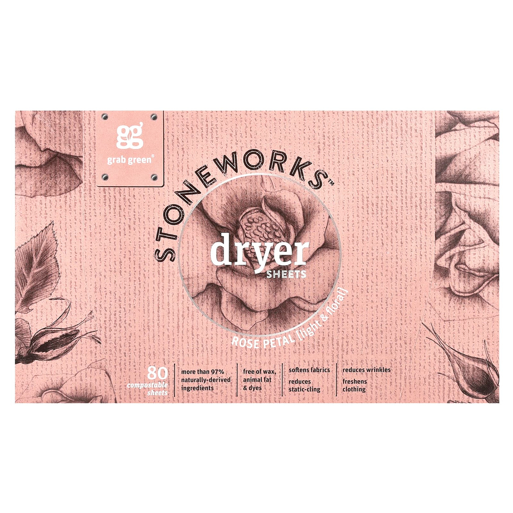 Grab Green, Stoneworks, салфетки для сушки, лепестки роз, 80 компостируемых листов