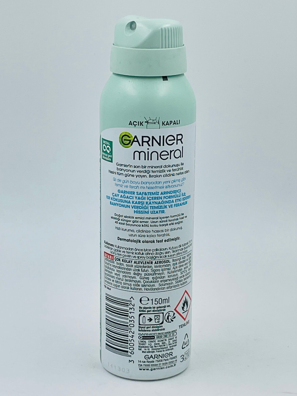 Антиперспирант Garnier Saf&Temiz Mineral, спрей, женский, без спирта, с маслом чайного дерева, 48 ч