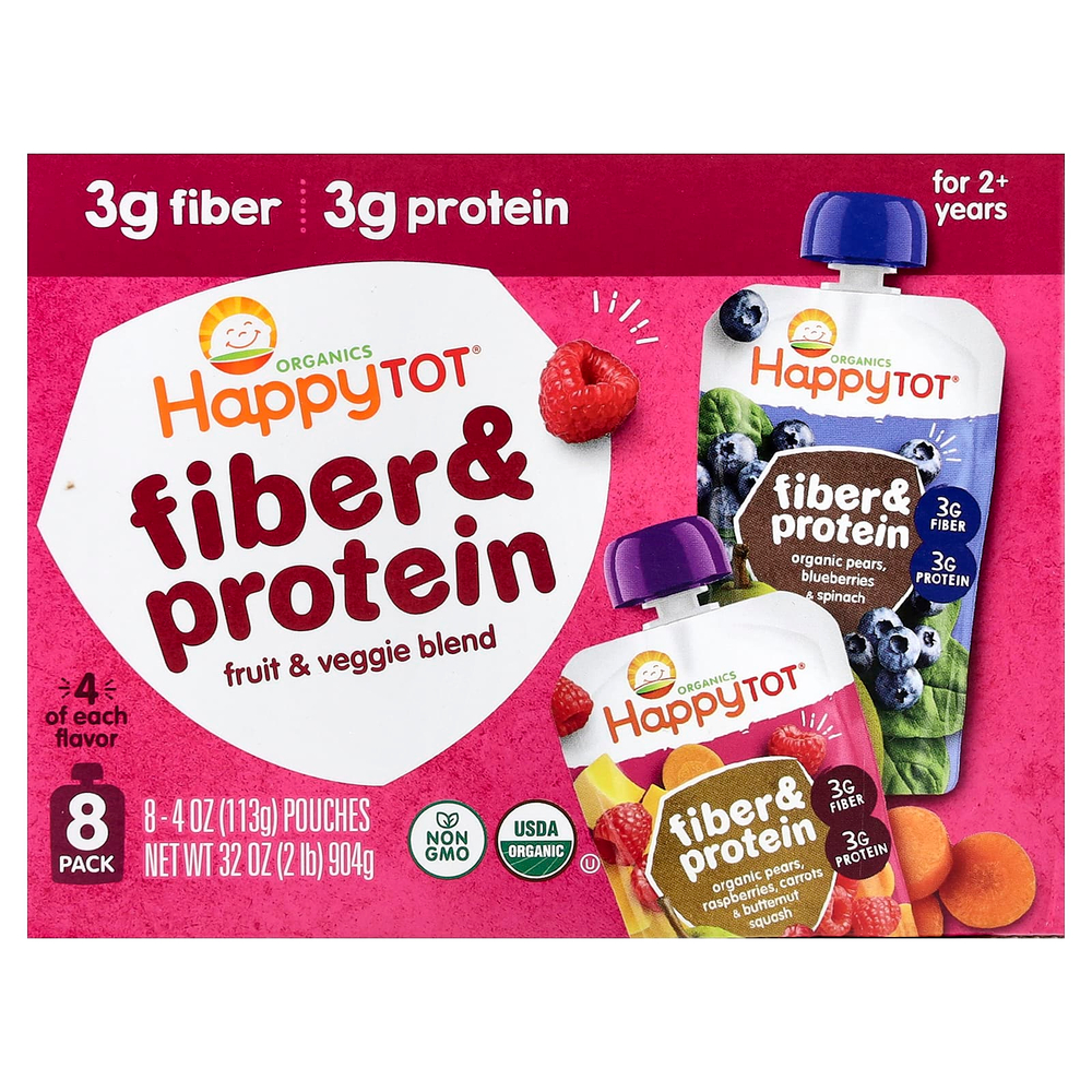 Happy Family Organics, Happy Tot®, клетчатка и белок, для детей от 2 лет, ассорти из 8 паучей по 113 г (4 унции)