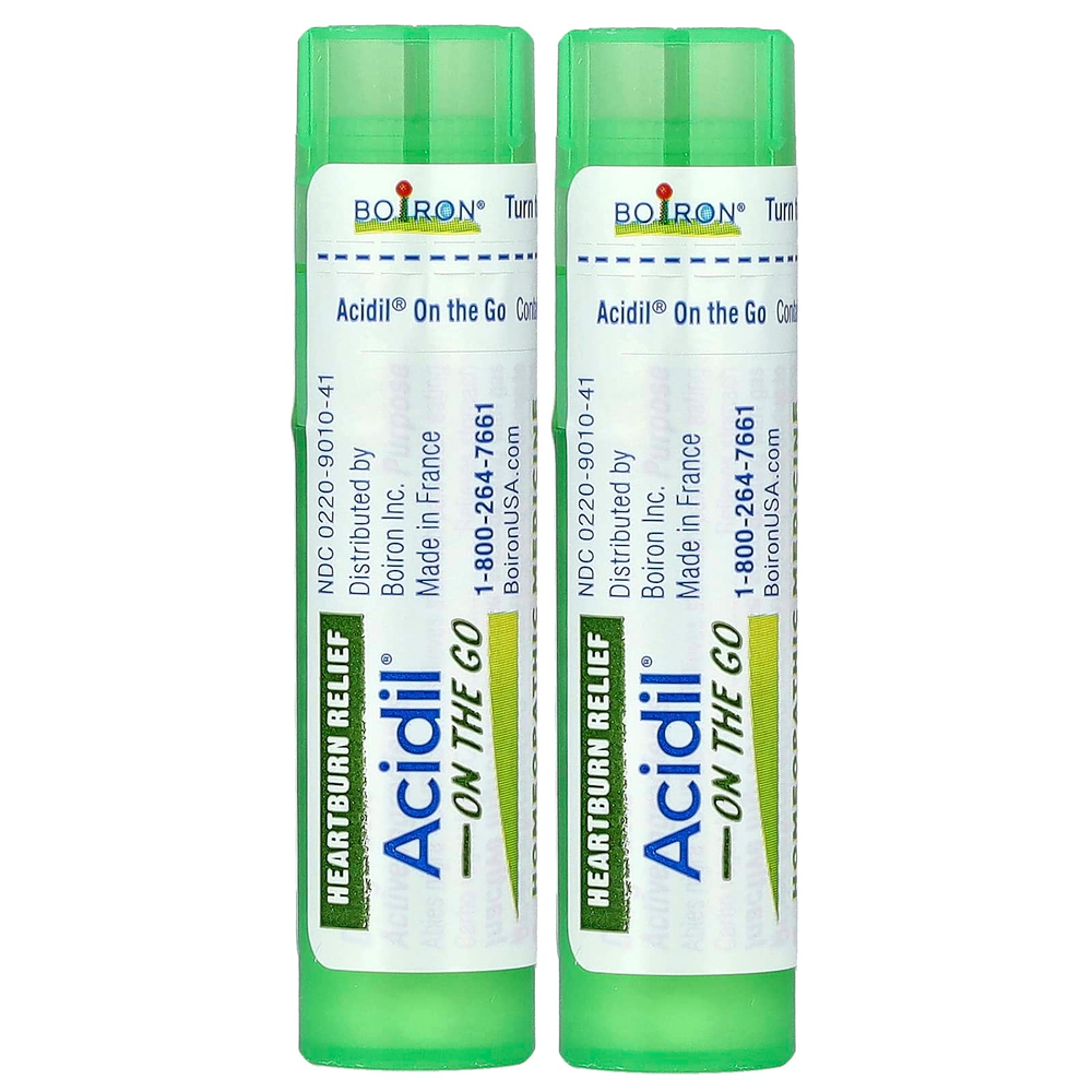 Boiron, Acidil® On The Go, средство для облегчения симптомов изжоги, 2 тюбика по 80 гранул