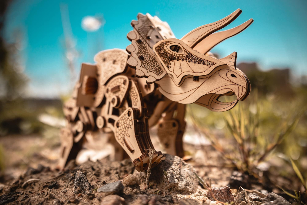 Динозавр Трицератопс от Eco Wood Art (EWA) - Деревянный конструктор, сборная механическая модель, 3D пазл