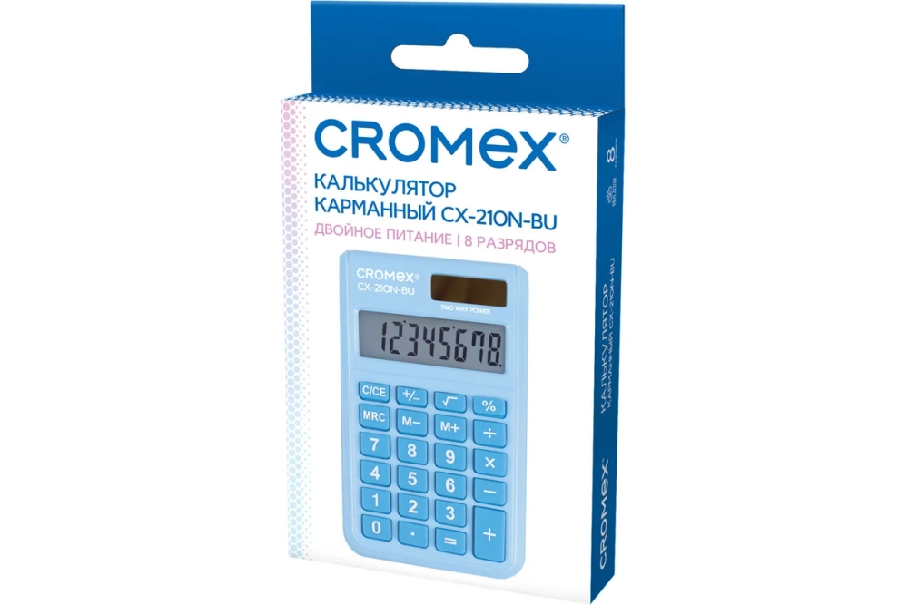 Калькулятор карманный Cromex CX-210N-BU (96х62 мм), 8 разрядов, двойное питание, голубой, 273835
