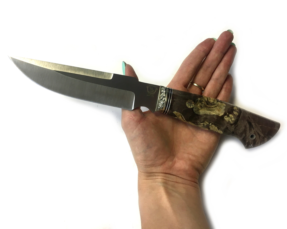 Нож подарочный Турист, Bohler S390, стаб. карельская береза, литье мельхиор