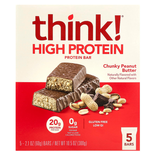 Think !, Высокопротеиновые батончики, кусочки арахисовой пасты, 5 батончиков, 60 г (2,1 унции) каждый