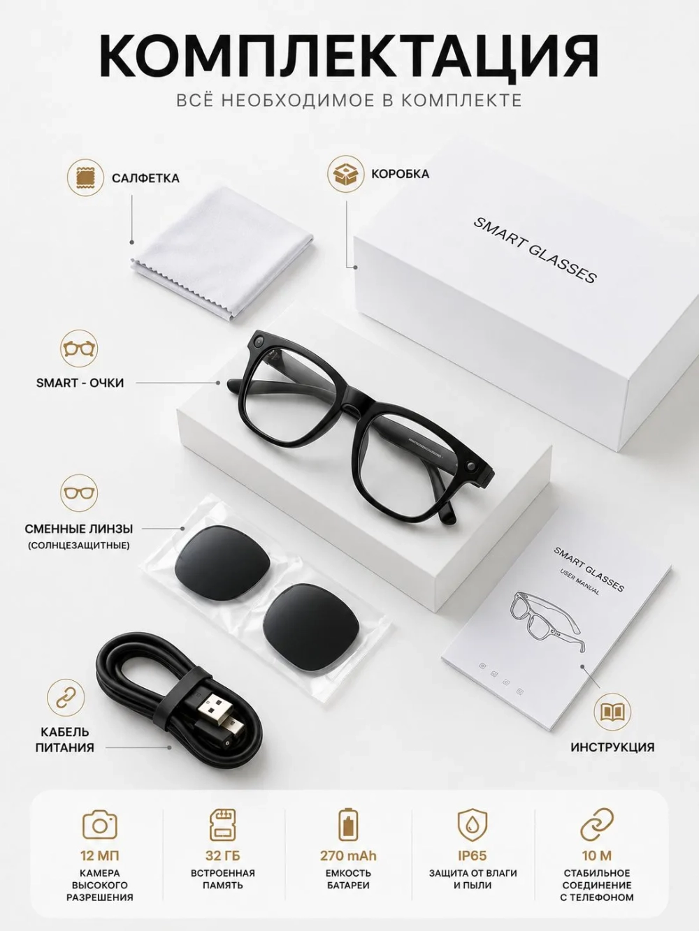Очки с камерой Smart Glasses, черный