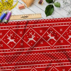 Ткань дюспо мелкая белая вышивка с оленями на красном фоне